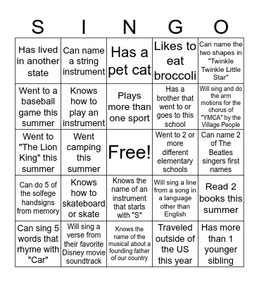 Choir SINGO Bingo Card