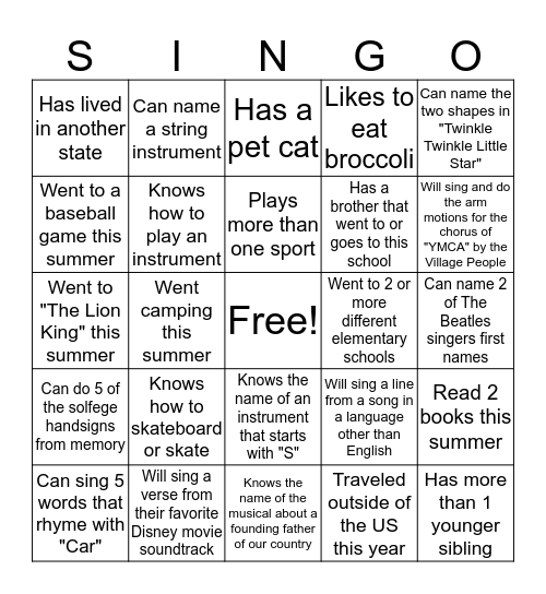 Choir SINGO Bingo Card