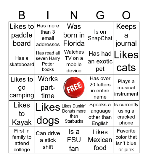 Human Scavenger Hunt Bingo Card