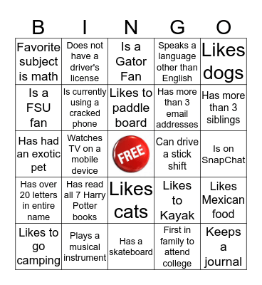 Human Scavenger Hunt Bingo Card