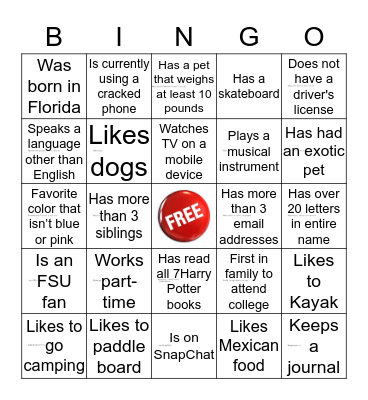 Human Scavenger Hunt Bingo Card