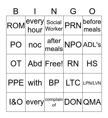 Nurse Aide Abbreviation BINGO Card