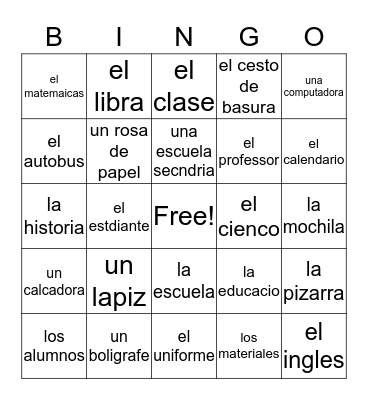 Escuela Bingo Card