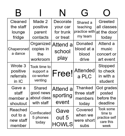 Staff Bingo 19-20 Bingo Card