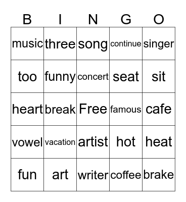 Vocabulary 1A-2B Bingo Card