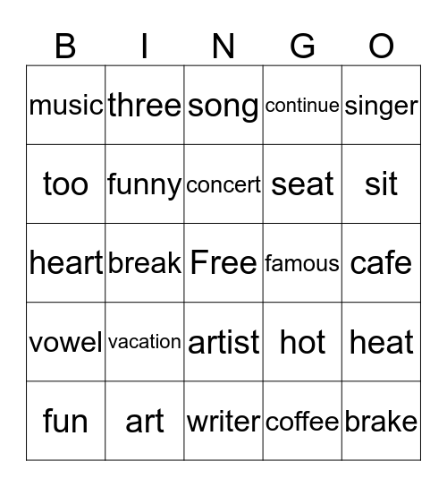 Vocabulary 1A-2B Bingo Card