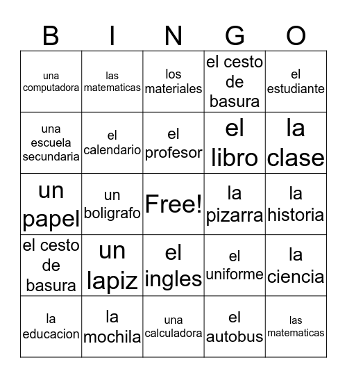 Escuela Bingo Card