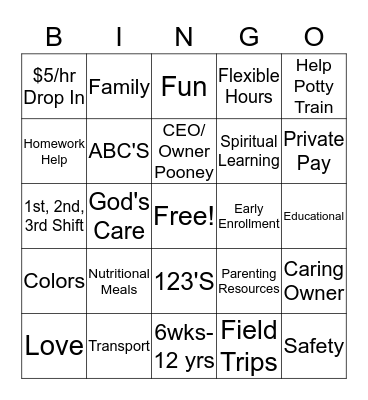 God's Care Childcare Bingo Card
