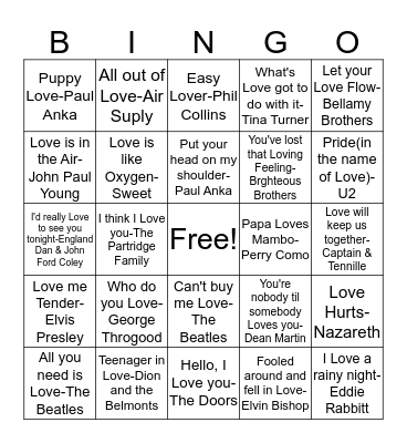 BB64 "Love" Mixed 50's,60's,70's,80's... Bingo Card