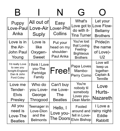 BB64 "Love" Mixed 50's,60's,70's,80's... Bingo Card