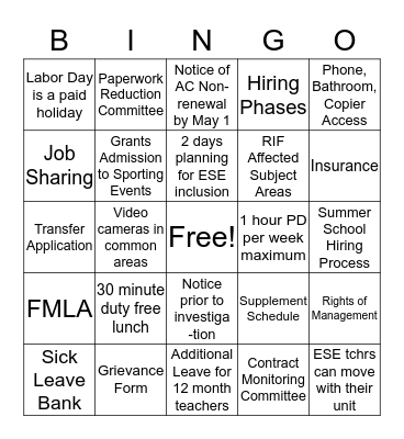 CCEA Contract BINGO Card