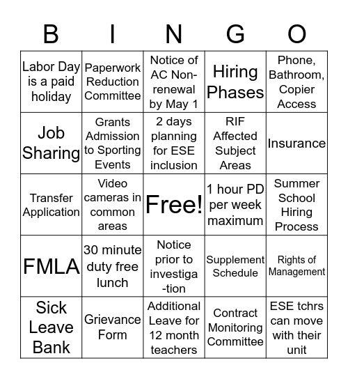 CCEA Contract BINGO Card