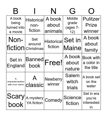 Book club challenge Bingo Card