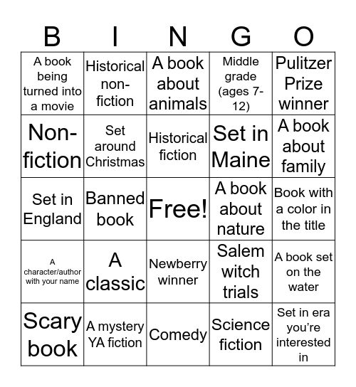 Book club challenge Bingo Card