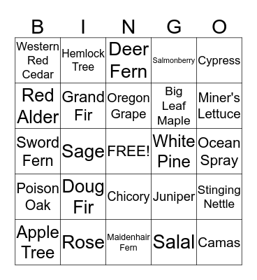 Native Oregon Plants Bingo Card