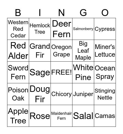 Native Oregon Plants Bingo Card