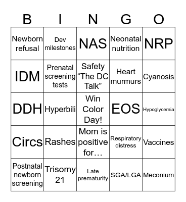 Newborn Nursery Bingo! Bingo Card