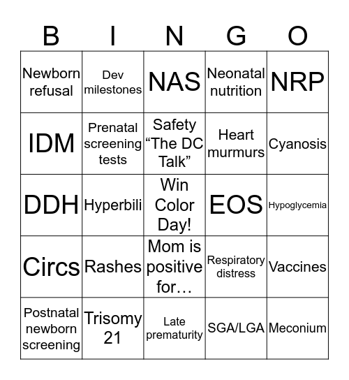 Newborn Nursery Bingo! Bingo Card