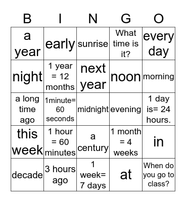TALKING ABOUT TIME Bingo Card
