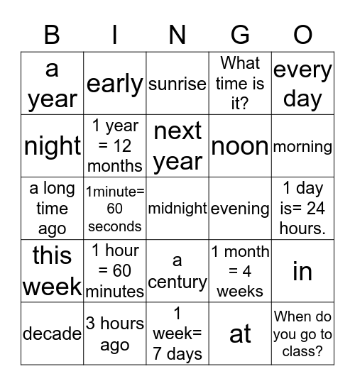 TALKING ABOUT TIME Bingo Card