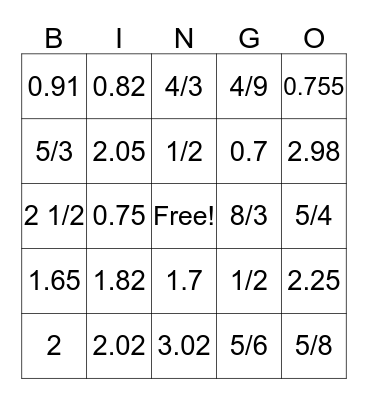 Decimal and Fraction Bingo Card