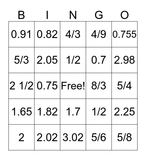 Decimal and Fraction Bingo Card