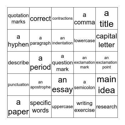 ALL  ABOUT  WRITING  Bingo Card