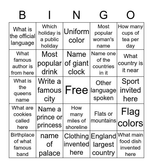 Great Britain  Bingo Card