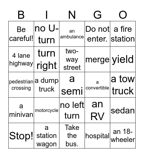 VEHICLES & TRAFFIC SIGNS Bingo Card