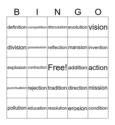 -tion -sion spelling words Bingo Card