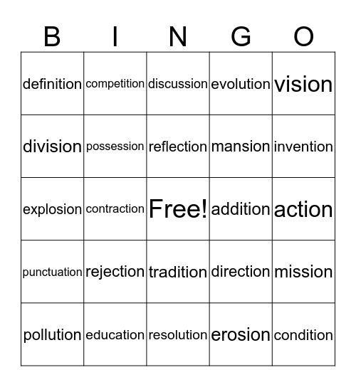 -tion -sion spelling words Bingo Card
