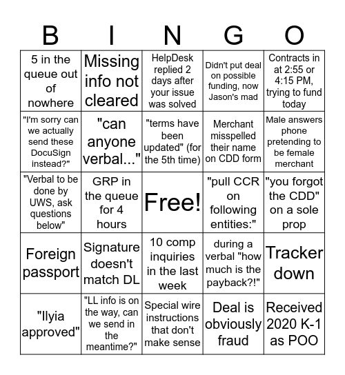 UWS end of month BINGO Card