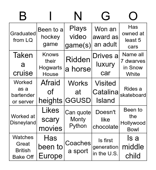 7-12 Instruction Welcome Back Bingo Card