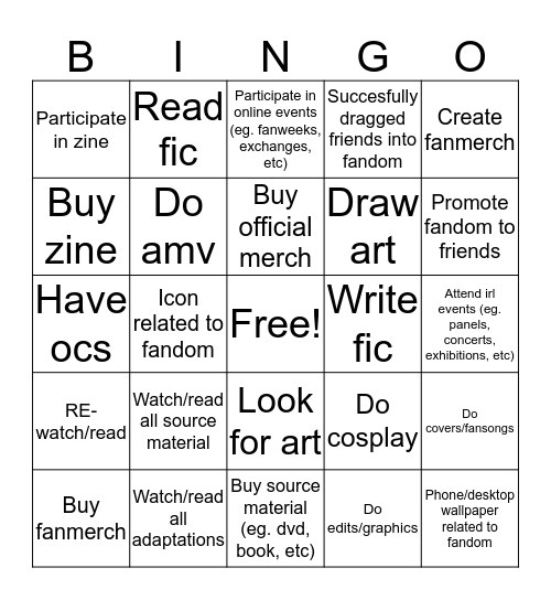 How invested are you in fandom? Bingo Card