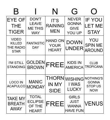 80s top hits Bingo Card