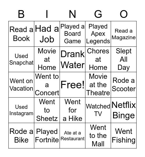 Things I Did This Summer Bingo Card