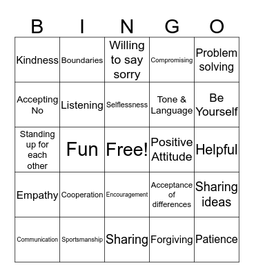 Treatment Goals: Social Skills Bingo Card