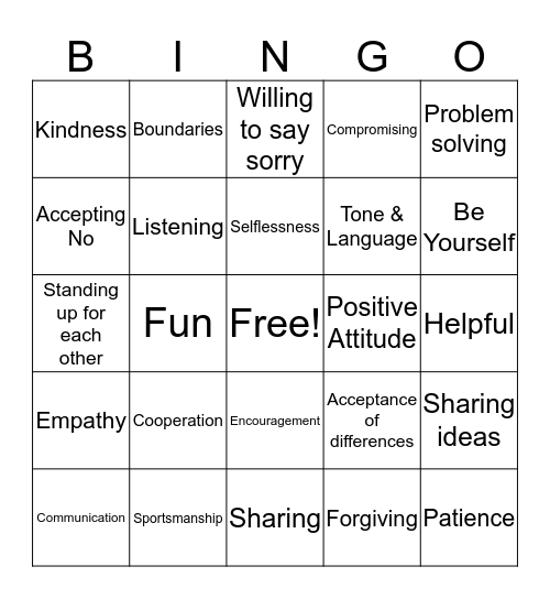 Treatment Goals: Social Skills Bingo Card