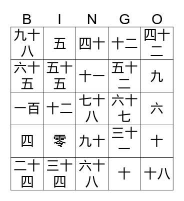 Chinese bingo Card