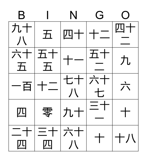 Chinese bingo Card