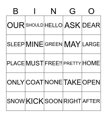 Sight Words Card #1 Bingo Card
