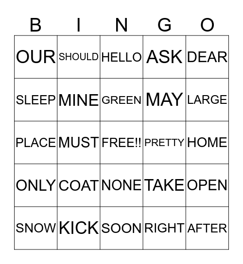 Sight Words Card #1 Bingo Card
