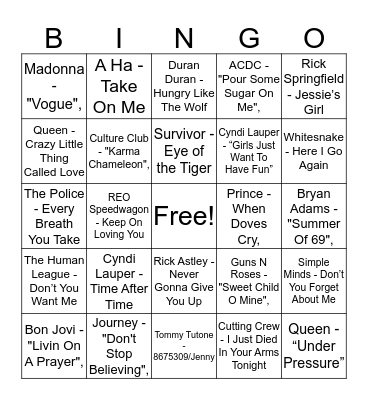 80s Music Bingo Card