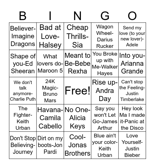 JJ15 Mixed Pop & Country! Bingo Card