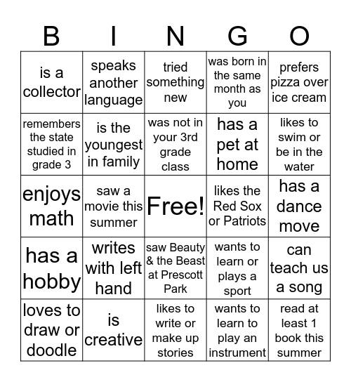 Welcome to Grade 4 - Find Someone Who Bingo! Bingo Card