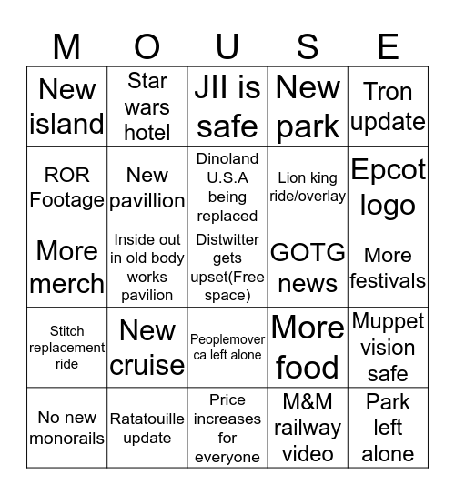 Disney parks panel Bingo Card