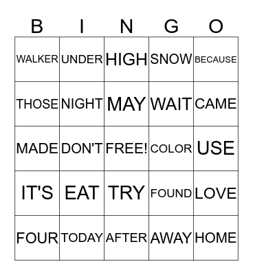Sight Word Bingo Card #2 Bingo Card