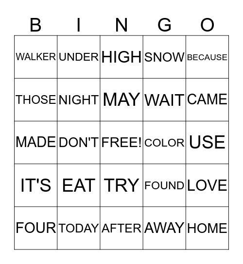 Sight Word Bingo Card #2 Bingo Card
