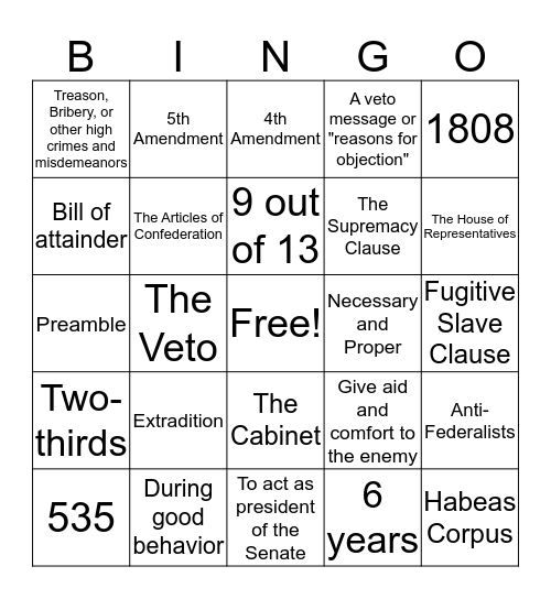 Constitution Bingo  Bingo Card