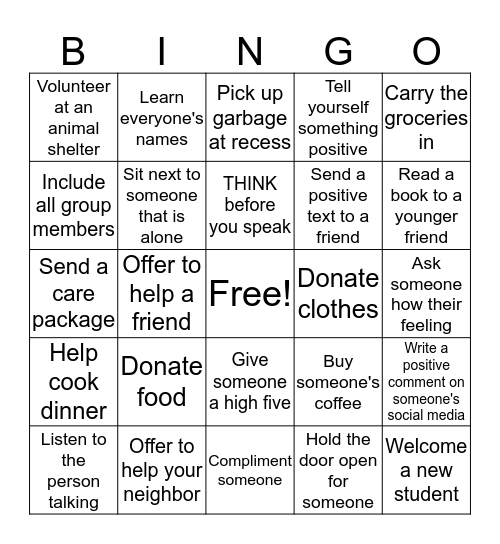 Acts of Kindness Bingo Card